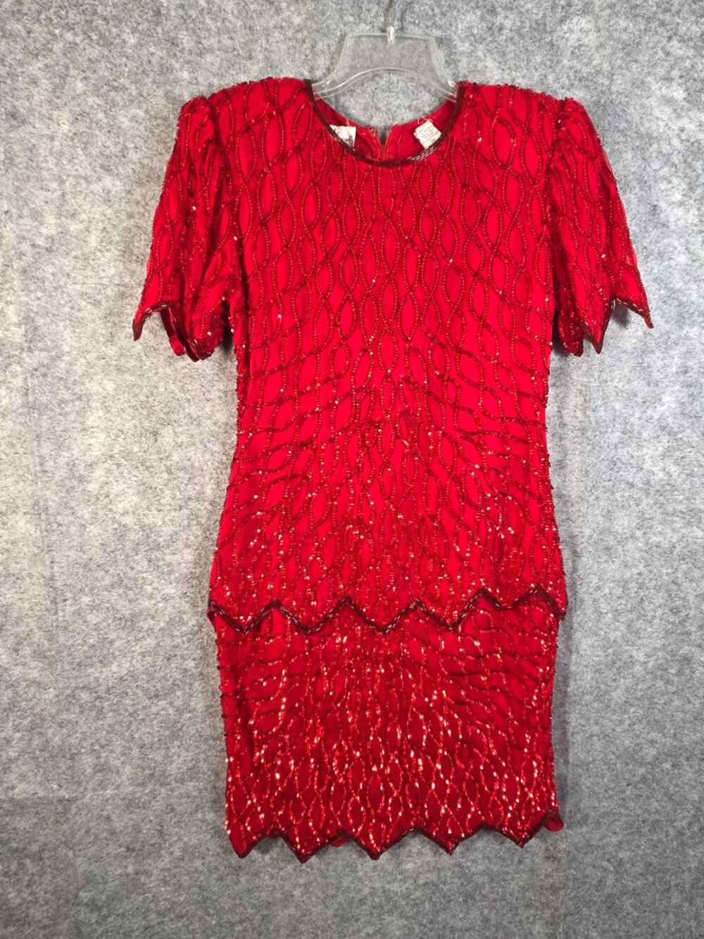 Vintage Laurence Kazar Red Beaded and Lace Dress PM Cocktail Party Holiday  Glam